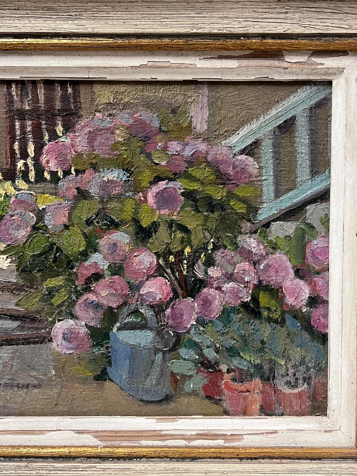 Mid 20th Century French Oil Painting The Cottage Garden Flowers by Steps & Pots - Gray Landscape Painting by Louise Alix