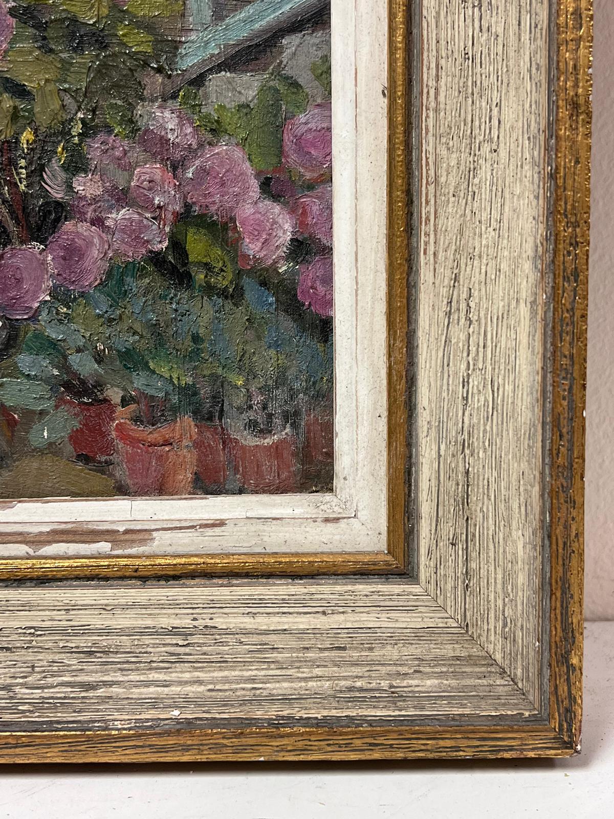 The Flower Garden
by Louise Alix (French, 1888-1980) *see notes below
provenance stamp to the back 
oil painting on board, framed
framed: 11.5 high by 13.5 inches wide
painting: 8 x 9.5 inches
condition: overall very good and sound, a few scuffs and