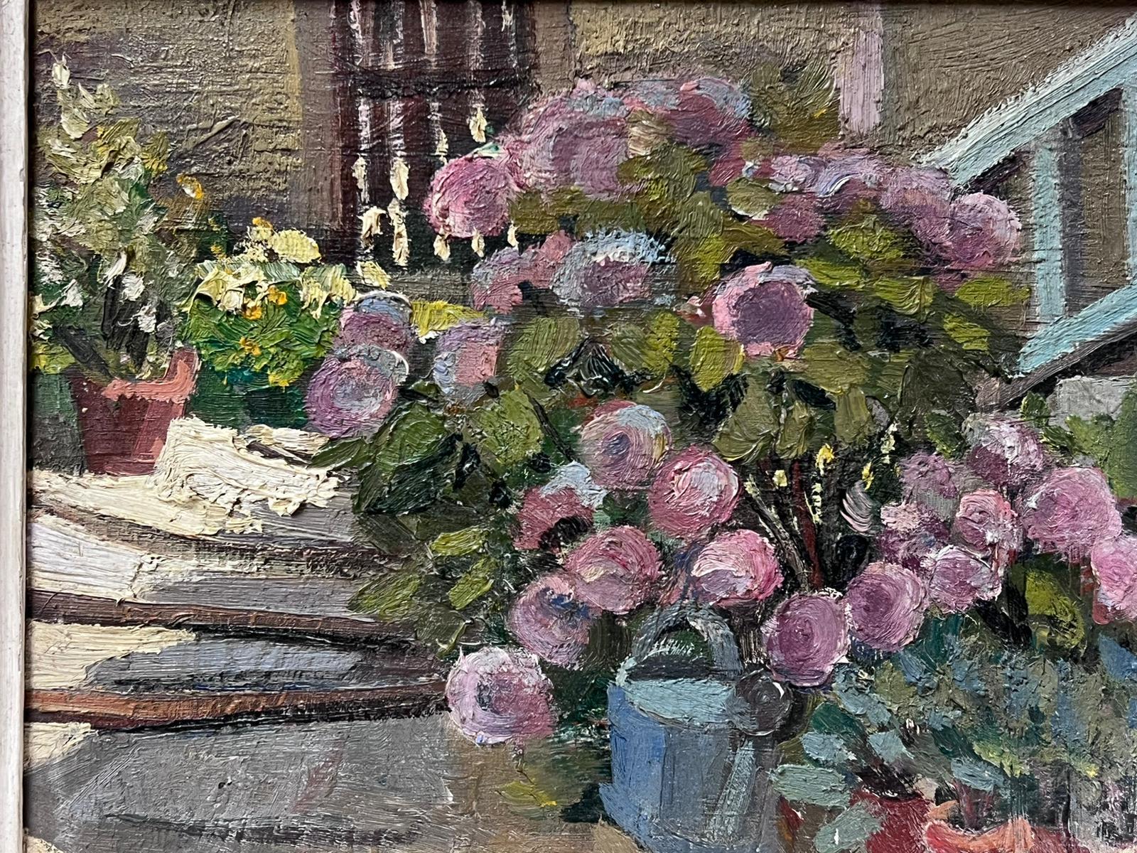 Mid 20th Century French Oil Painting The Cottage Garden Flowers by Steps & Pots 1