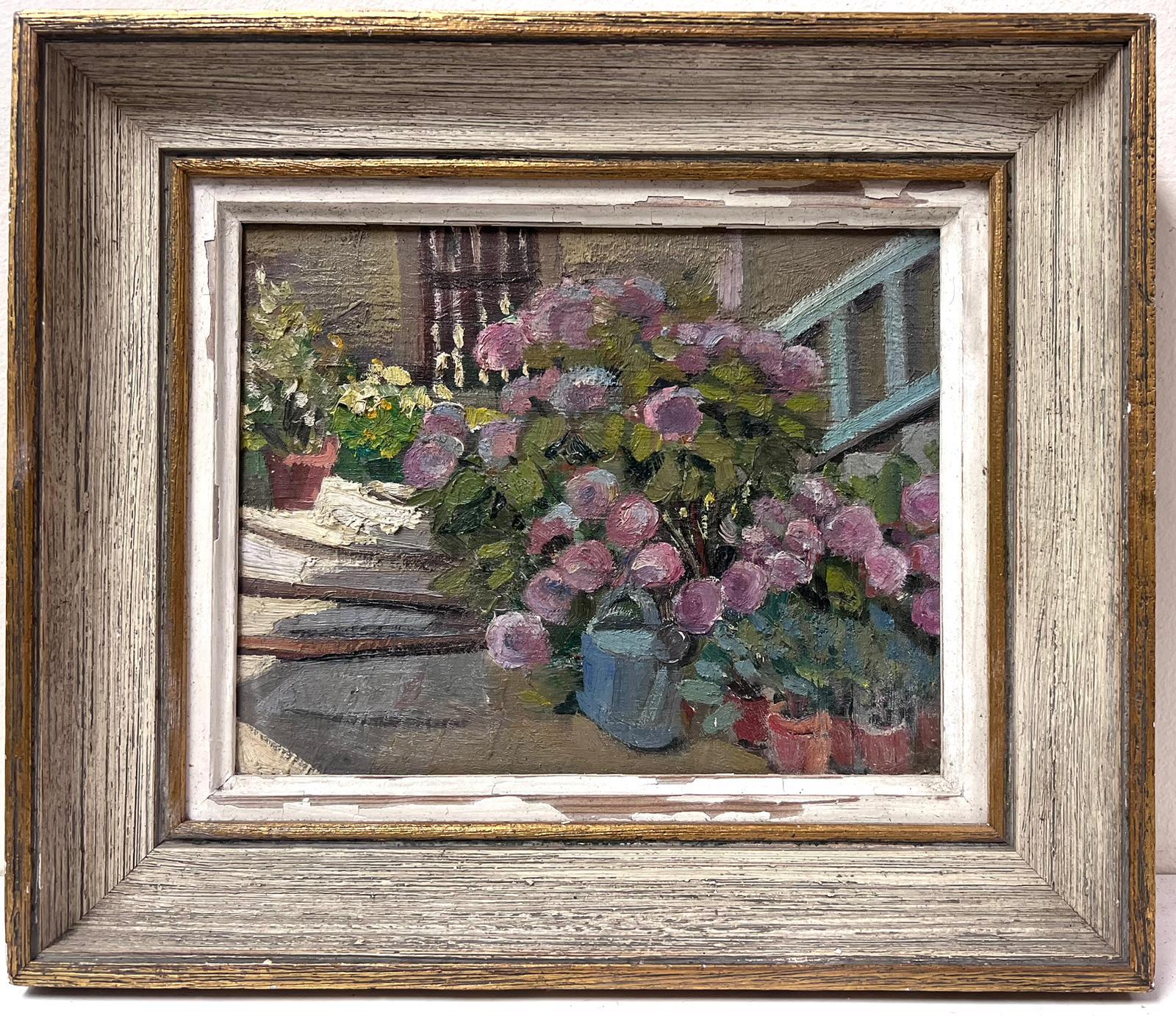 Louise Alix Landscape Painting - Mid 20th Century French Oil Painting The Cottage Garden Flowers by Steps & Pots