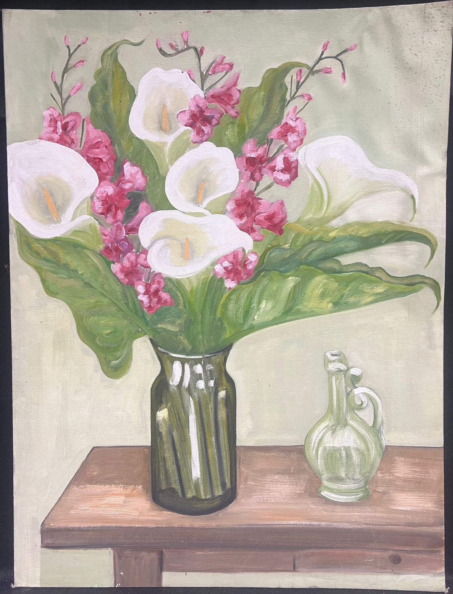 White Irises
by Louise Alix (French, 1888-1980) *see notes below
provenance stamp to the back 
oil painting on board, unframed
measures: 24 high by 18 inches wide
condition: overall sound, a few scuffs and marks to the surface and wear to the four