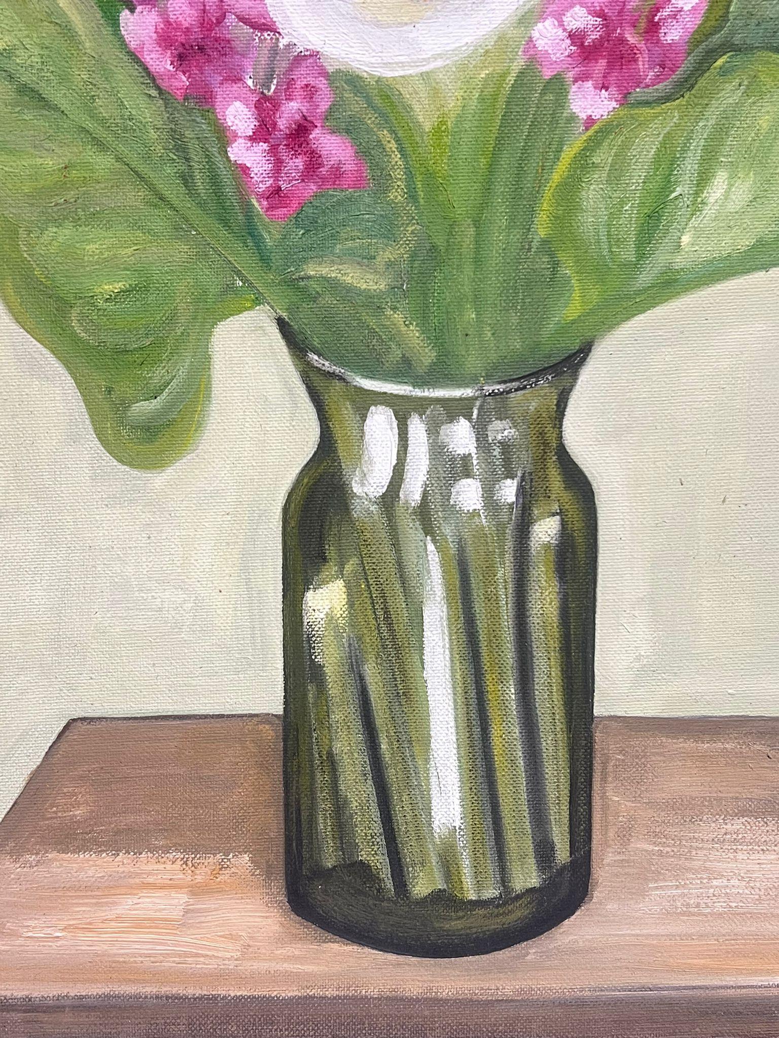 Mid 20th Century French Oil Painting White Iris Flowers in Vase Still Life 1