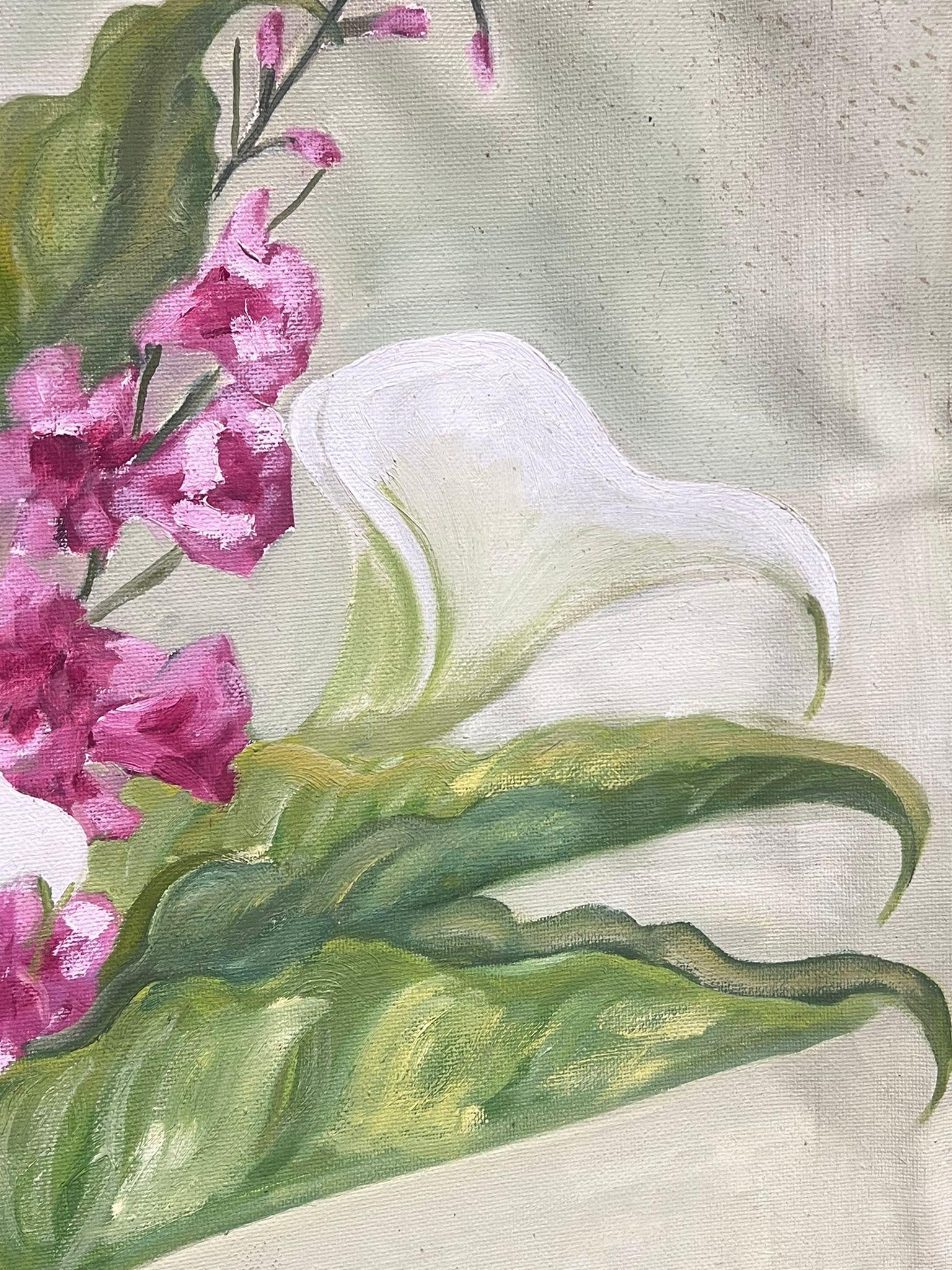 Mid 20th Century French Oil Painting White Iris Flowers in Vase Still Life 2