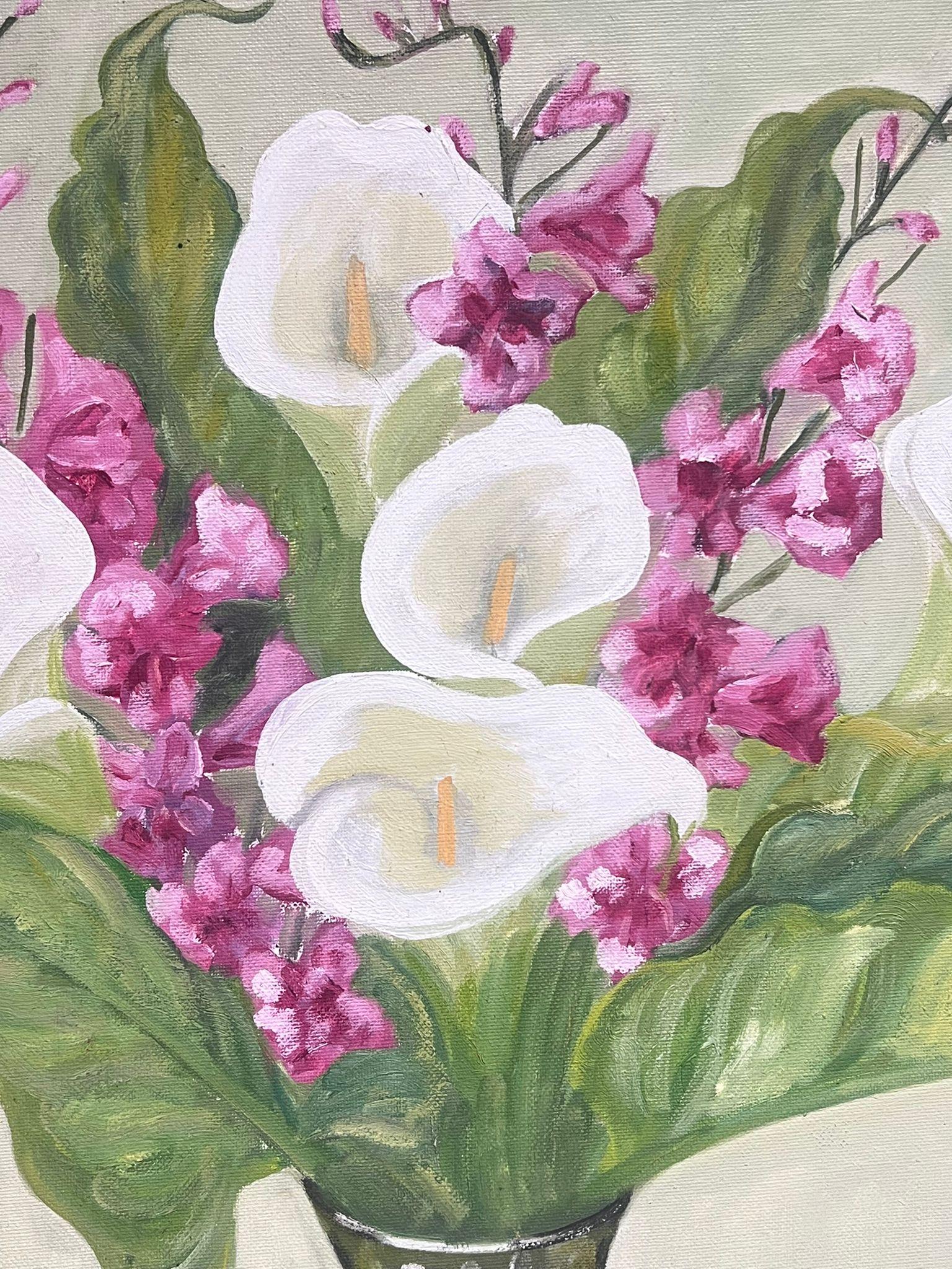 Mid 20th Century French Oil Painting White Iris Flowers in Vase Still Life 3