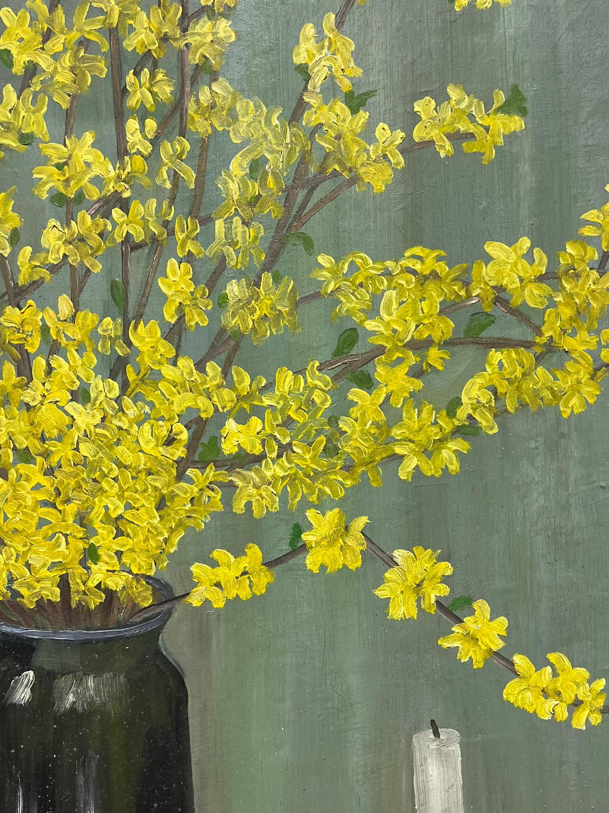 Nature morte à la peinture à l'huile du milieu du 20e siècle, Forsythia jaune, fleurs à tiges  1