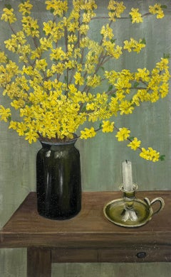Nature morte à la peinture à l'huile du milieu du 20e siècle, Forsythia jaune, fleurs à tiges 