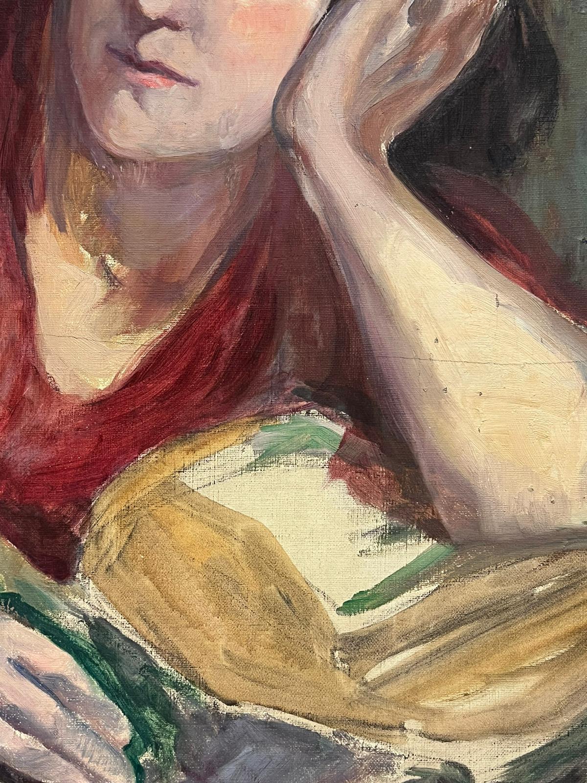 Portrait of a Woman
by Louise Alix (French, 1888-1980) *see notes below
oil painting on canvas unframed
measures: 20 inches high by 24 inches wide
condition: overall very good and sound, a few scuffs and marks to the surface and wear to the four