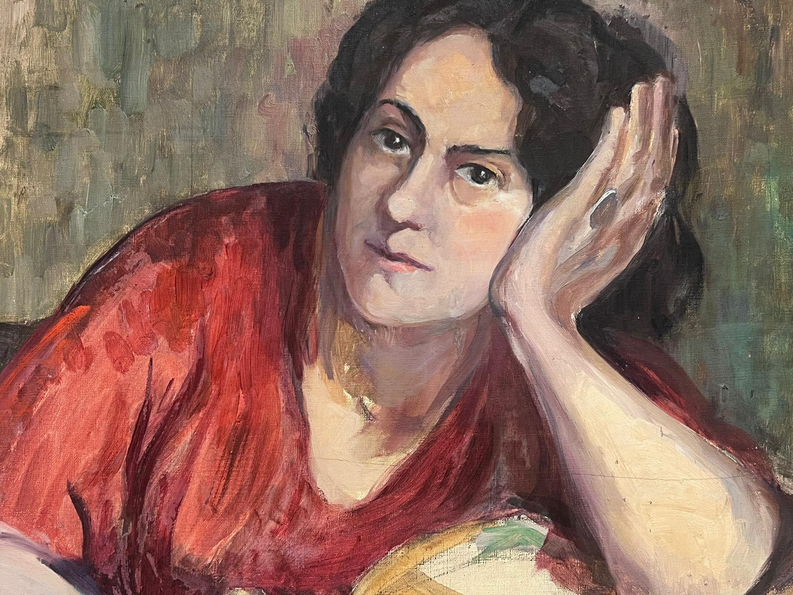 Portrait of a Woman
by Louise Alix (French, 1888-1980) *see notes below
oil painting on canvas unframed
measures: 20 inches high by 24 inches wide
condition: overall very good and sound, a few scuffs and marks to the surface and wear to the four
