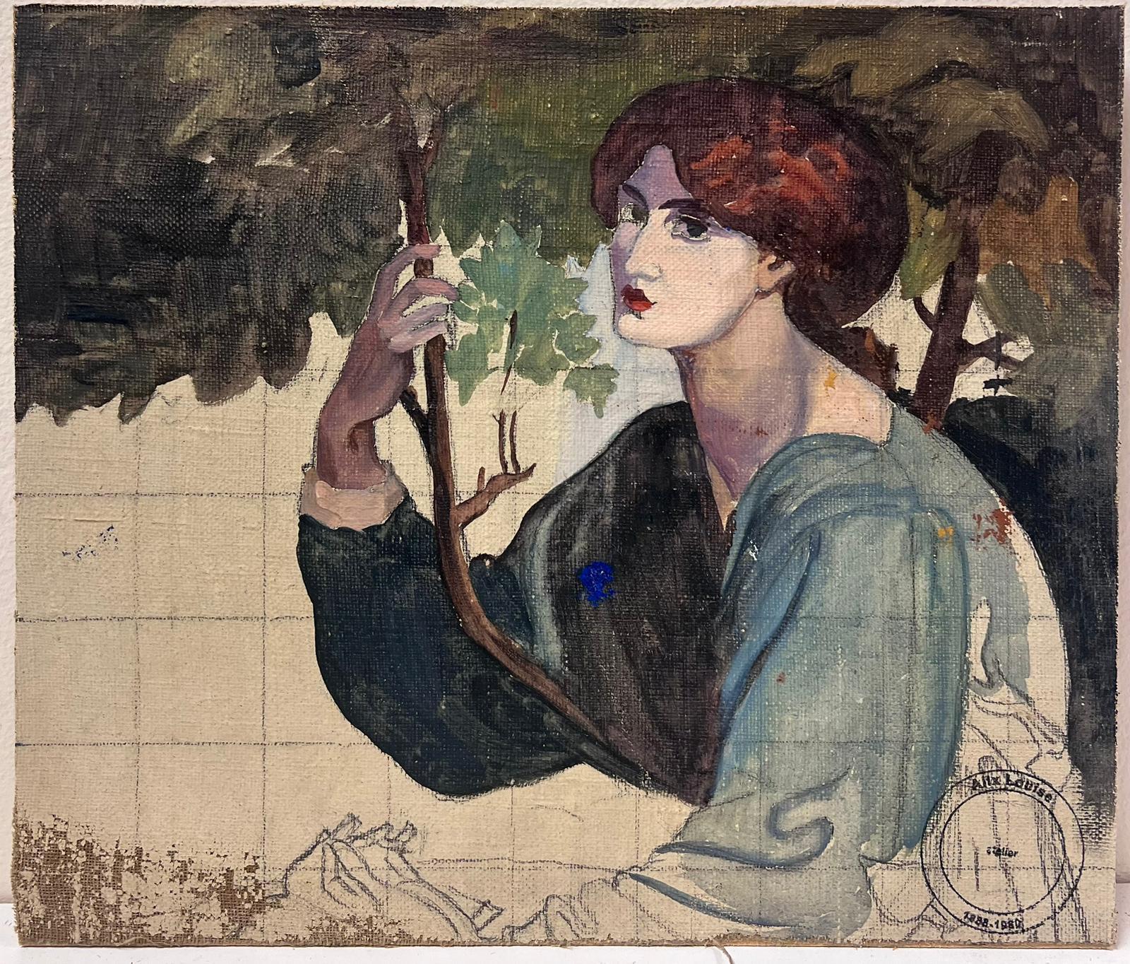 Huile française du milieu du 20e siècle Portrait préraphaélite d'une dame - Painting de Louise Alix