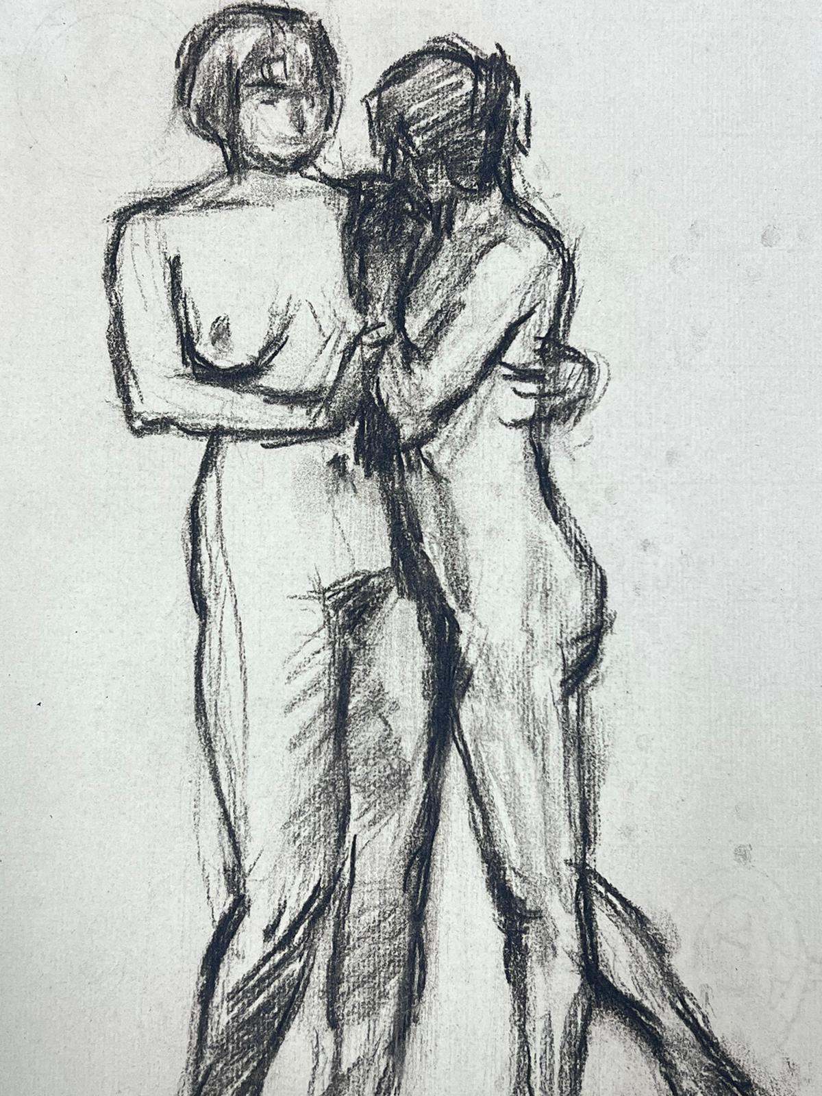 Comforting Figures
by Louise Alix (French, 1888-1980) *see notes below
provenance stamp to the back 
charcoal drawing on artist paper, unframed
measures: 12 high by 9.5 inches wide
condition: overall very good and sound, a few scuffs and marks to