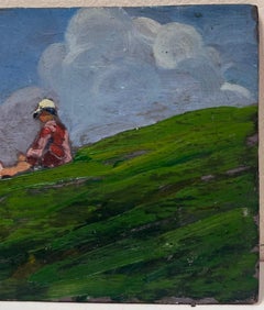 Figure à l'huile du milieu du 20e siècle, assise sur une colline verte admirant le ciel bleu nuageux