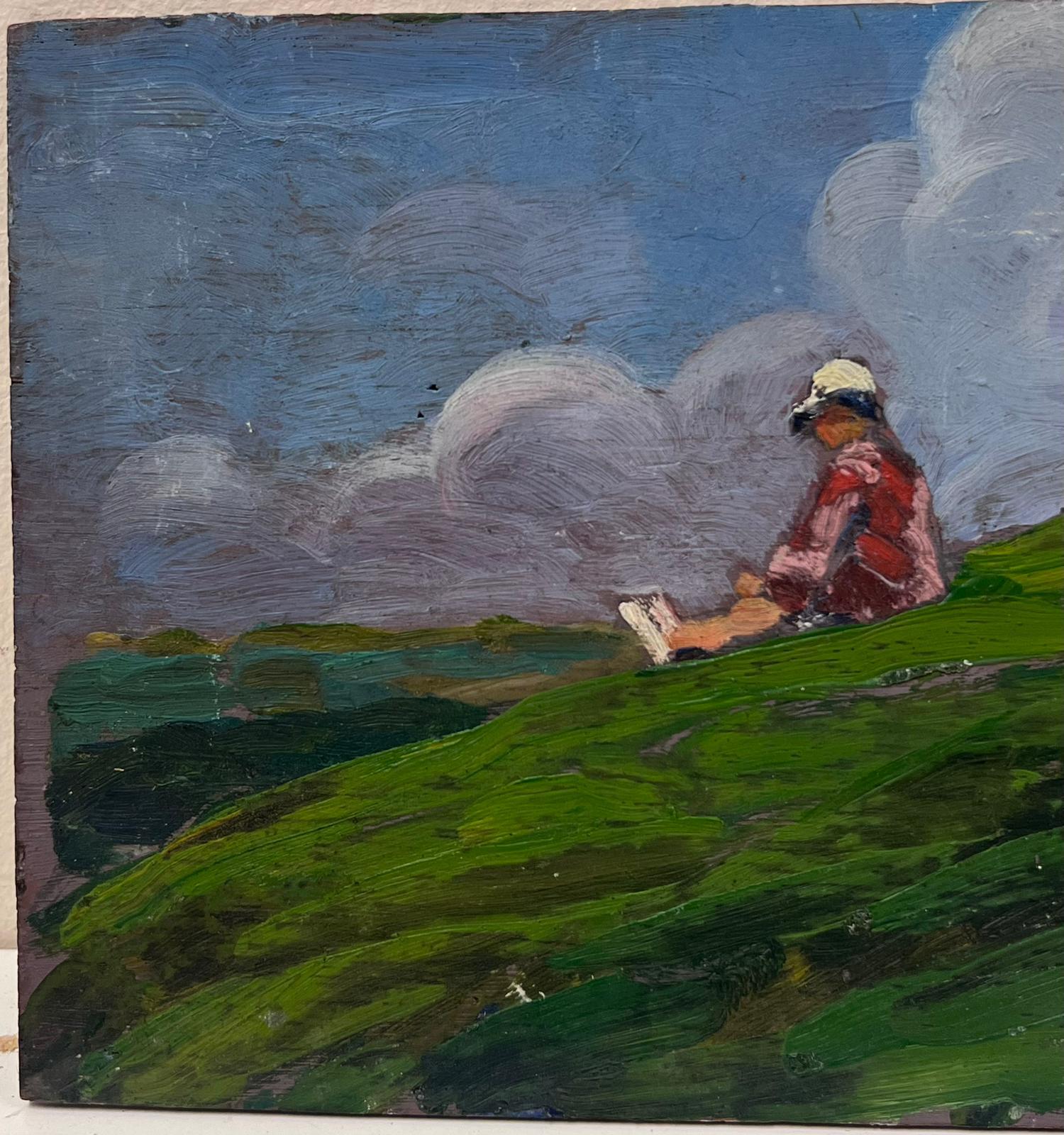 Mid 20th Century Oil Figure Sat On Green Hill Admiring The Blue Cloudy Sky - Impressionist Painting by Louise Alix