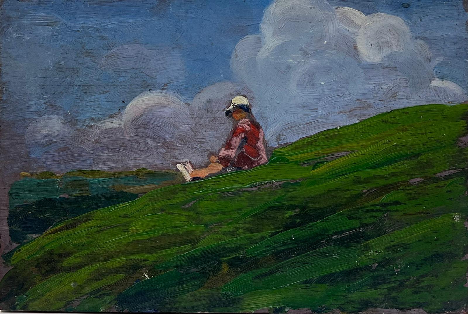 Louise Alix Landscape Painting - Mid 20th Century Oil Figure Sat On Green Hill Admiring The Blue Cloudy Sky