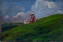 Mid 20th Century Oil Figure Sat On Green Hill Admiring The Blue Cloudy Sky