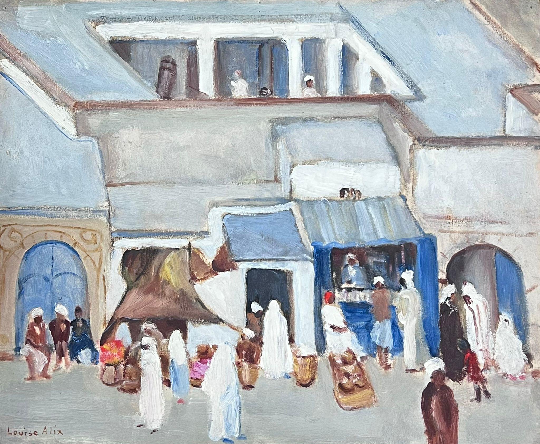 Mid 20th Century Oil Landscape Busy Figures At The Market - Painting by Louise Alix