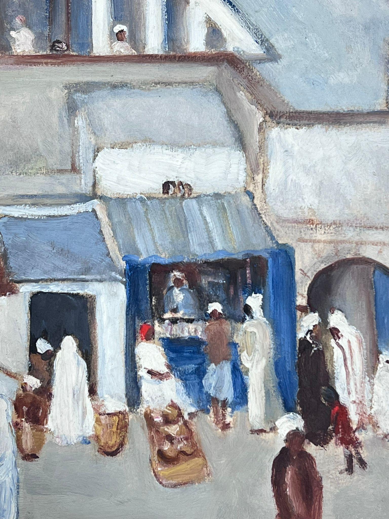Busy Market
signed by Louise Alix (French, 1888-1980) *see notes below
provenance stamp to the back 
oil painting on artist paper, unframed
measures: 12 high by 14.5 inches wide
condition: overall very good and sound, a few scuffs and marks to the