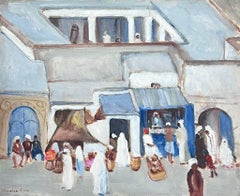 Mid 20th Century Oil Landscape Busy Figures At The Market