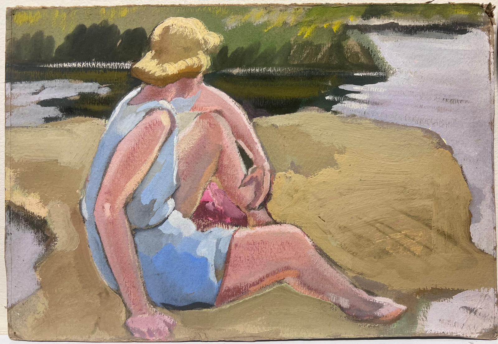 Mid 20th Century Oil Portrait Of A Blonde Lady In Blue Dress Sat On The Sand - Painting by Louise Alix
