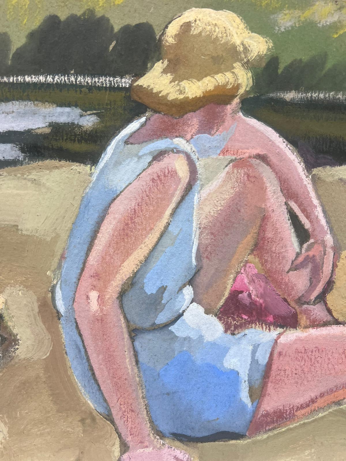 Mid 20th Century Oil Portrait Of A Blonde Lady In Blue Dress Sat On The Sand - Brown Figurative Painting by Louise Alix