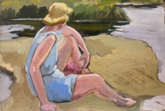 Mid 20th Century Oil Portrait Of A Blonde Lady In Blue Dress Sat On The Sand