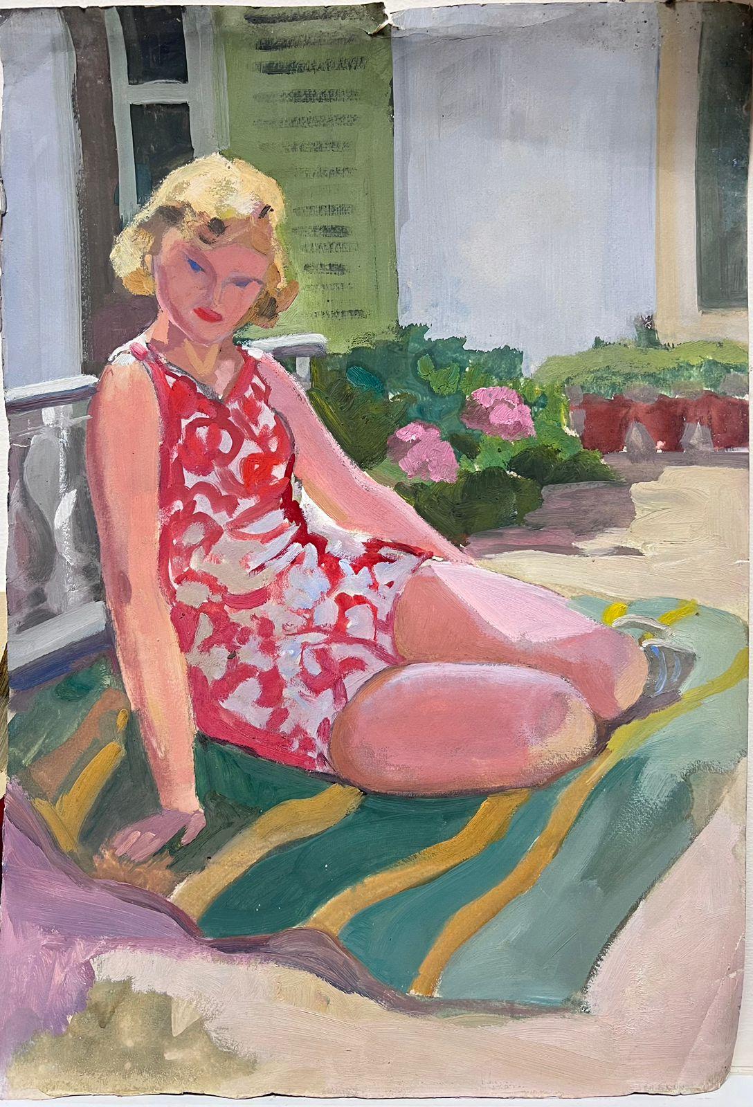Mid 20th Century Oil Portrait Of A Blonde Lady In Red & White Floral Dress - Painting by Louise Alix