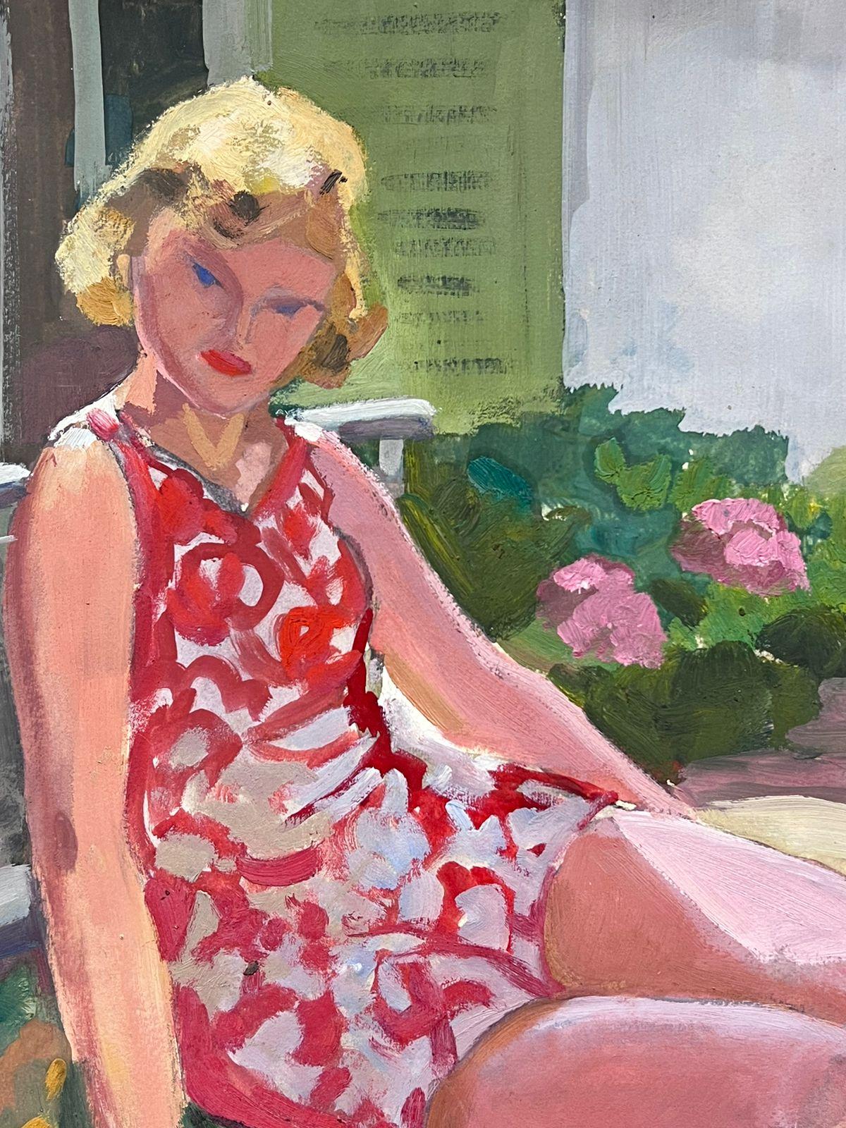 Mid 20th Century Oil Portrait Of A Blonde Lady In Red & White Floral Dress 1