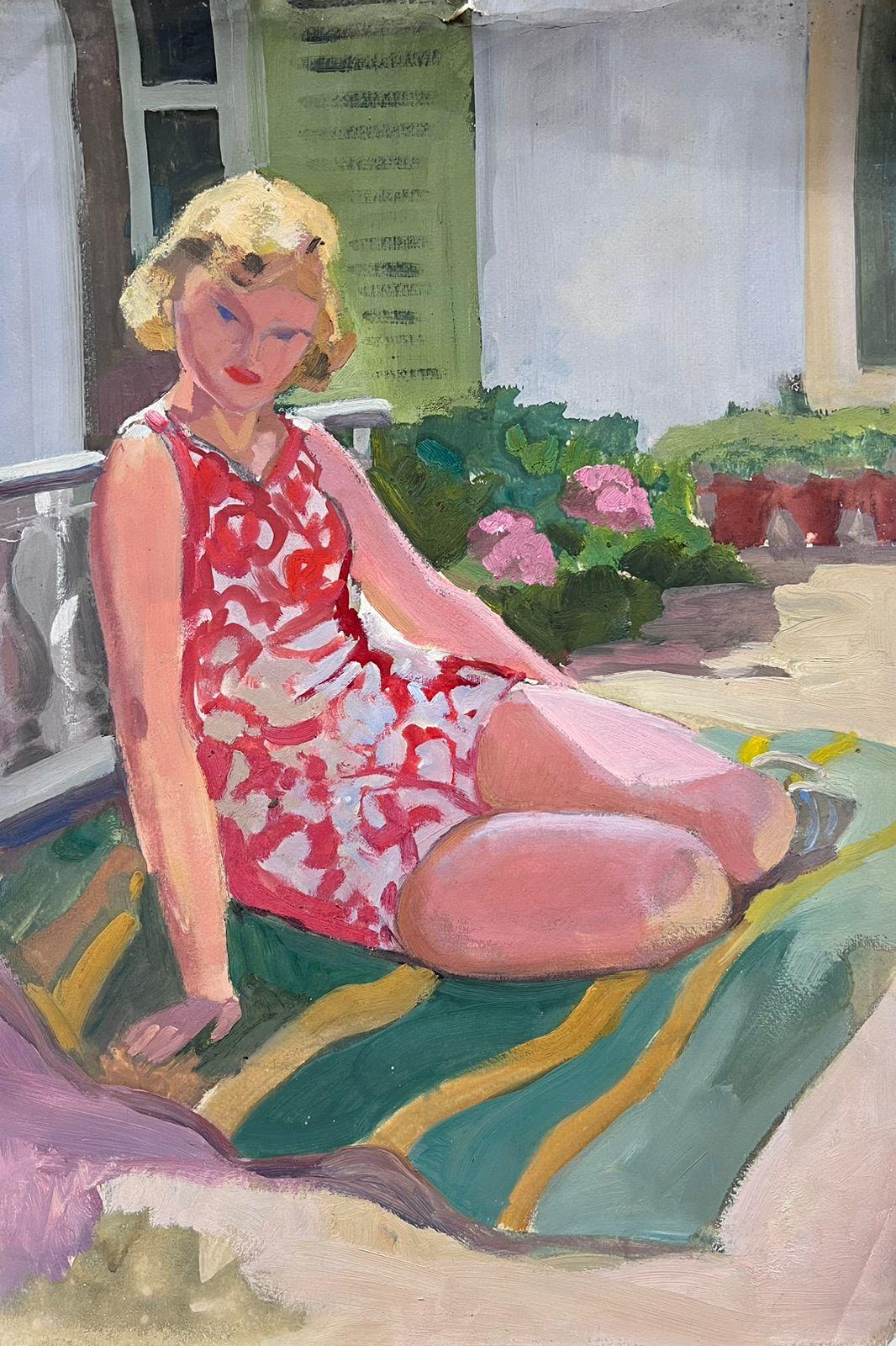 Mid 20th Century Oil Portrait Of A Blonde Lady In Red & White Floral Dress