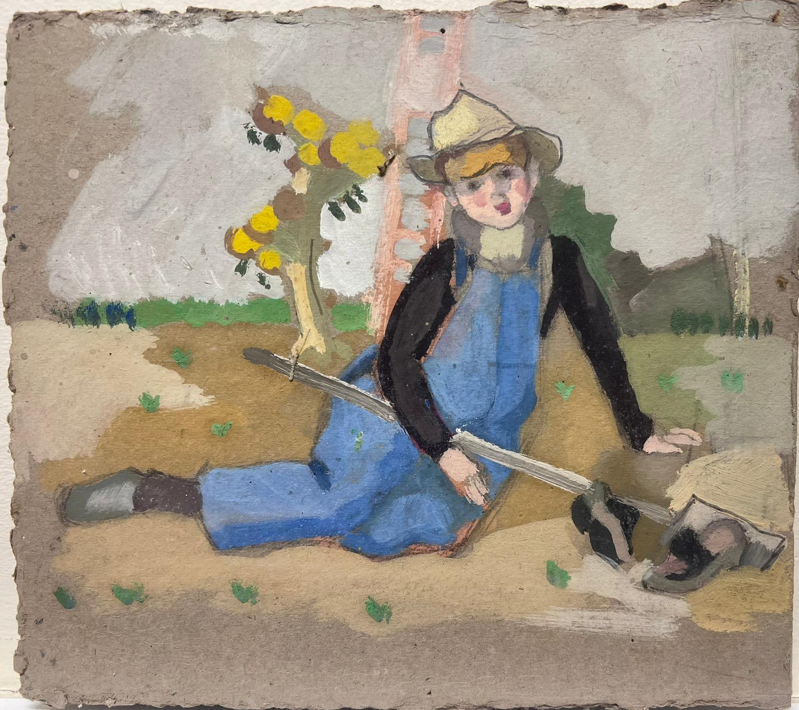 Mid 20th Century Oil Portrait Of A Farmer Lady In Dungarees Sat In Field - Painting by Louise Alix