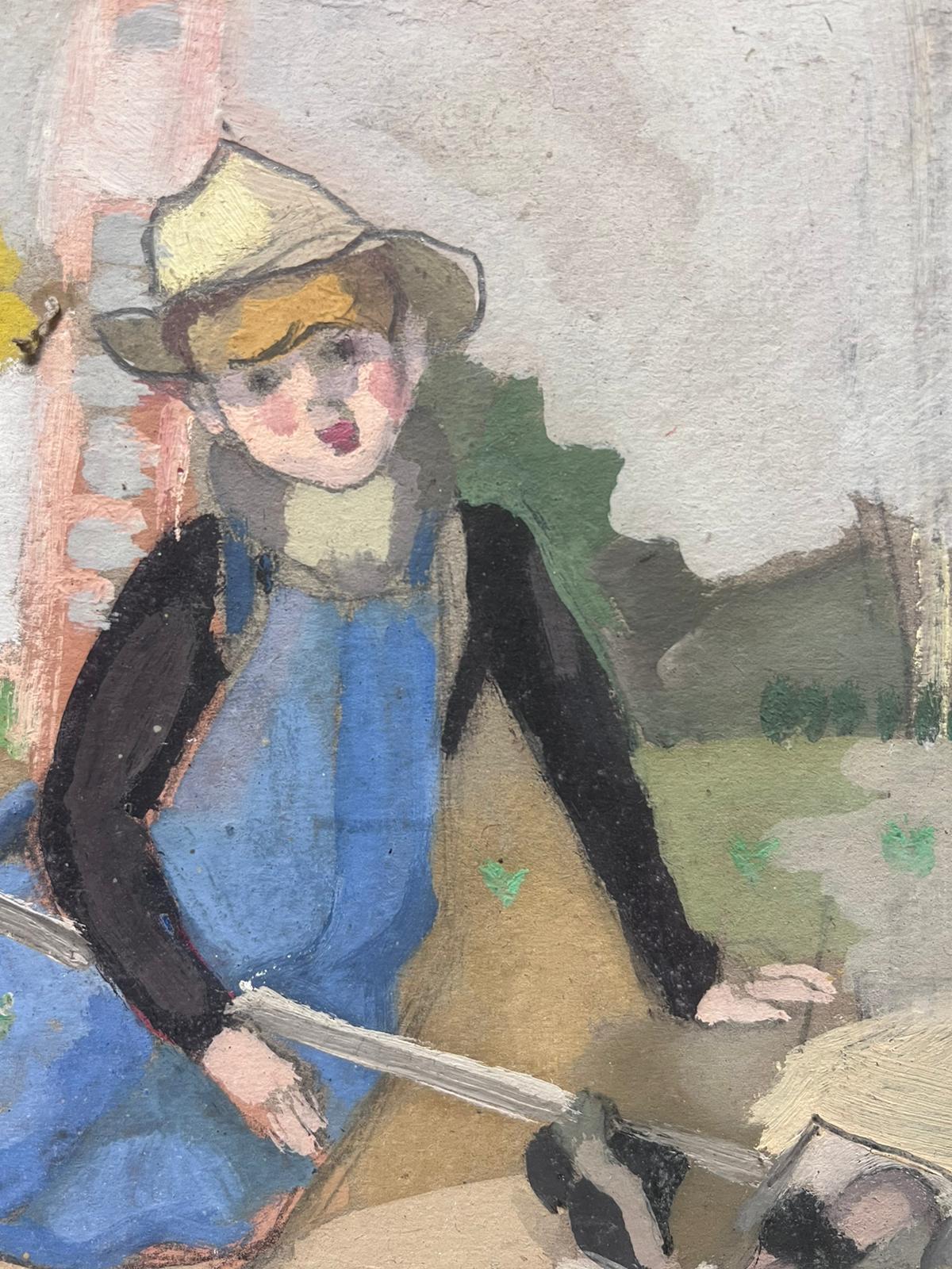 Mid 20th Century Oil Portrait Of A Farmer Lady In Dungarees Sat In Field - Impressionist Painting by Louise Alix