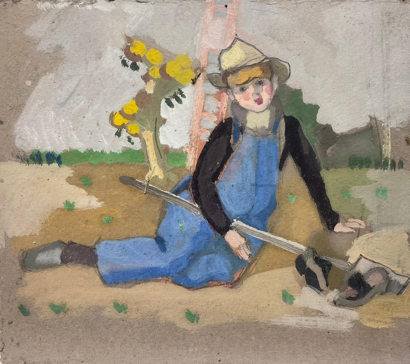 Louise Alix Figurative Painting - Mid 20th Century Oil Portrait Of A Farmer Lady In Dungarees Sat In Field