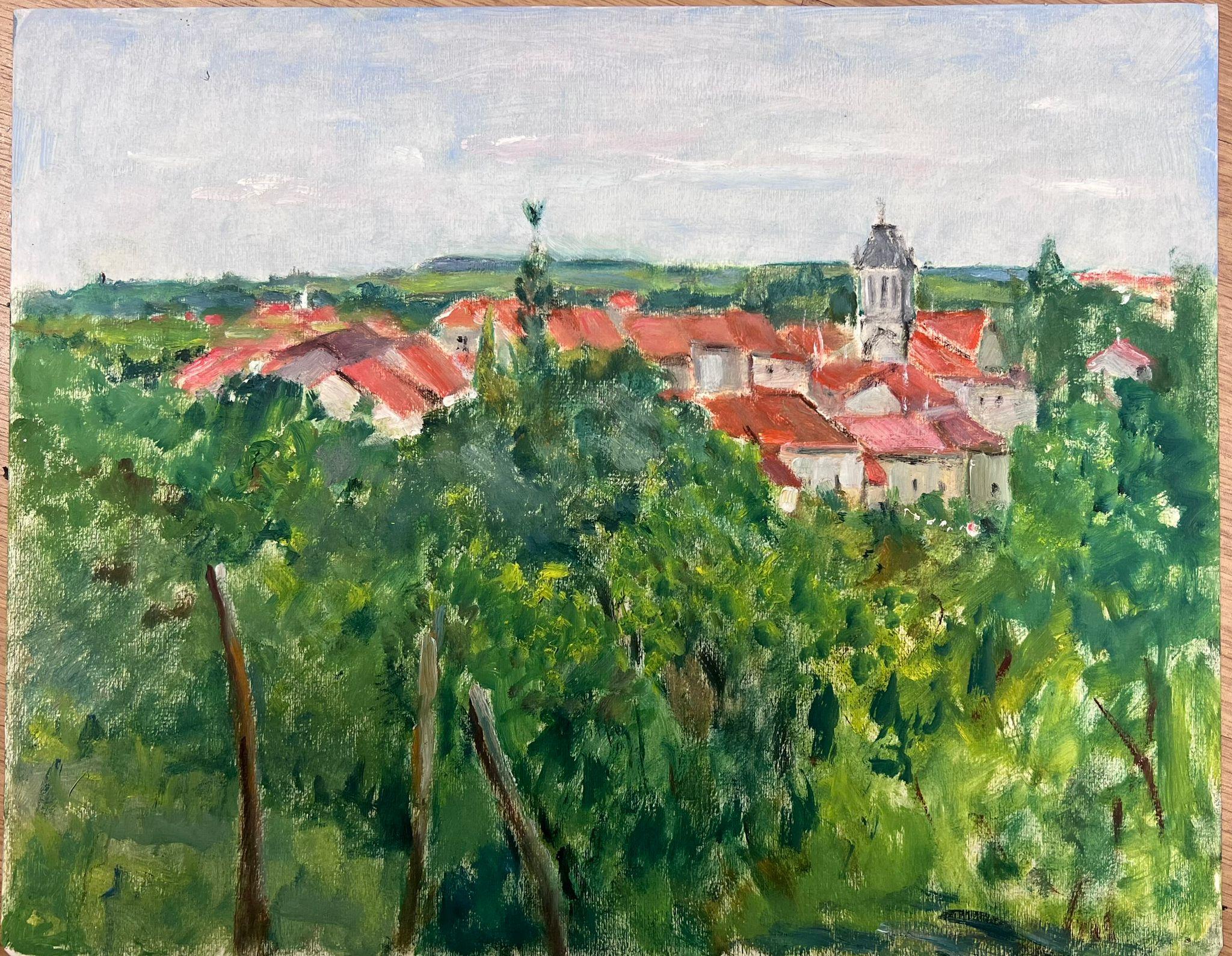 Mid 20th Century Red Roof Town In Green Tree Landscape - Painting by Louise Alix