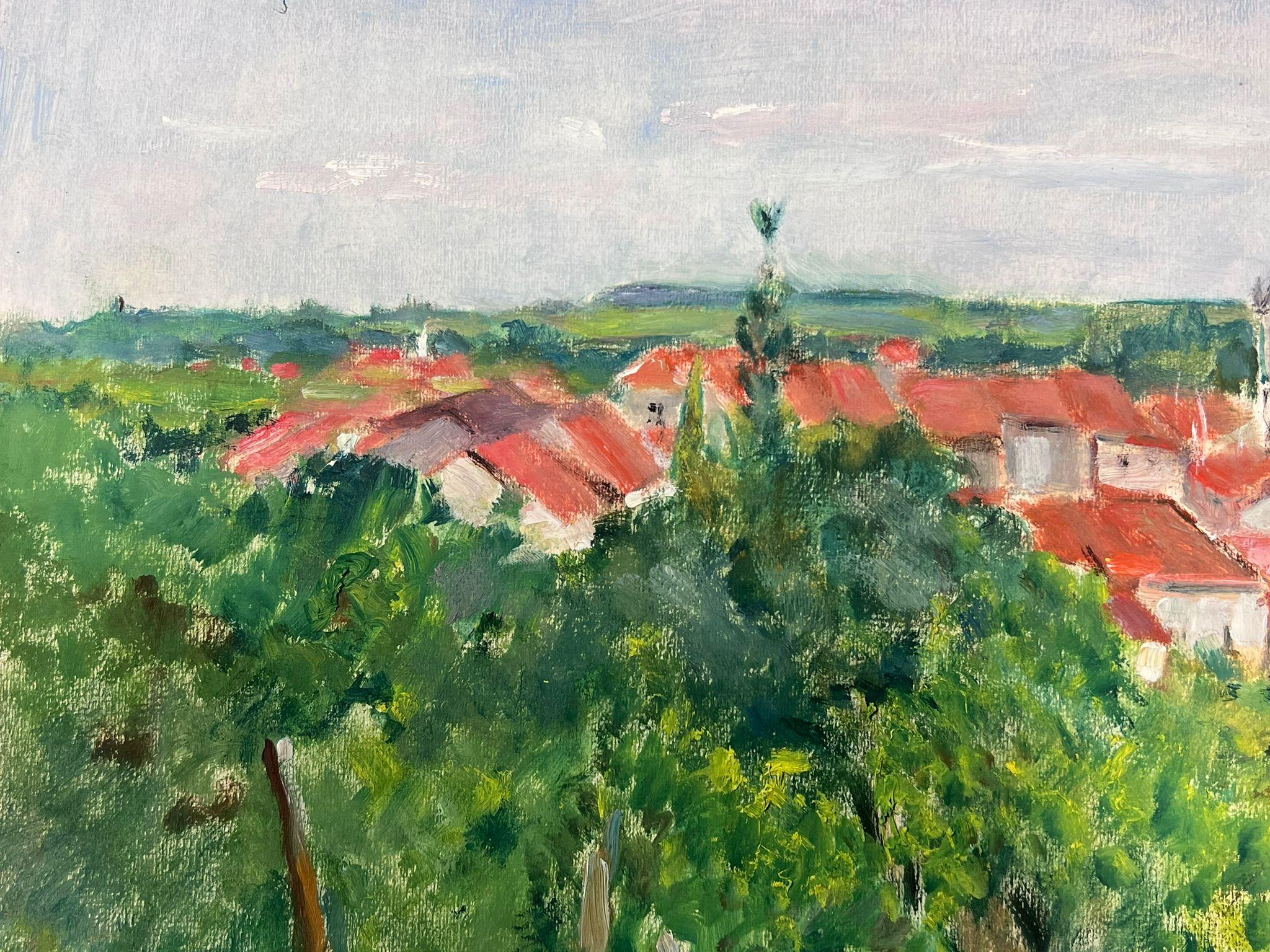 Mid 20th Century Red Roof Town In Green Tree Landscape - Impressionist Painting by Louise Alix
