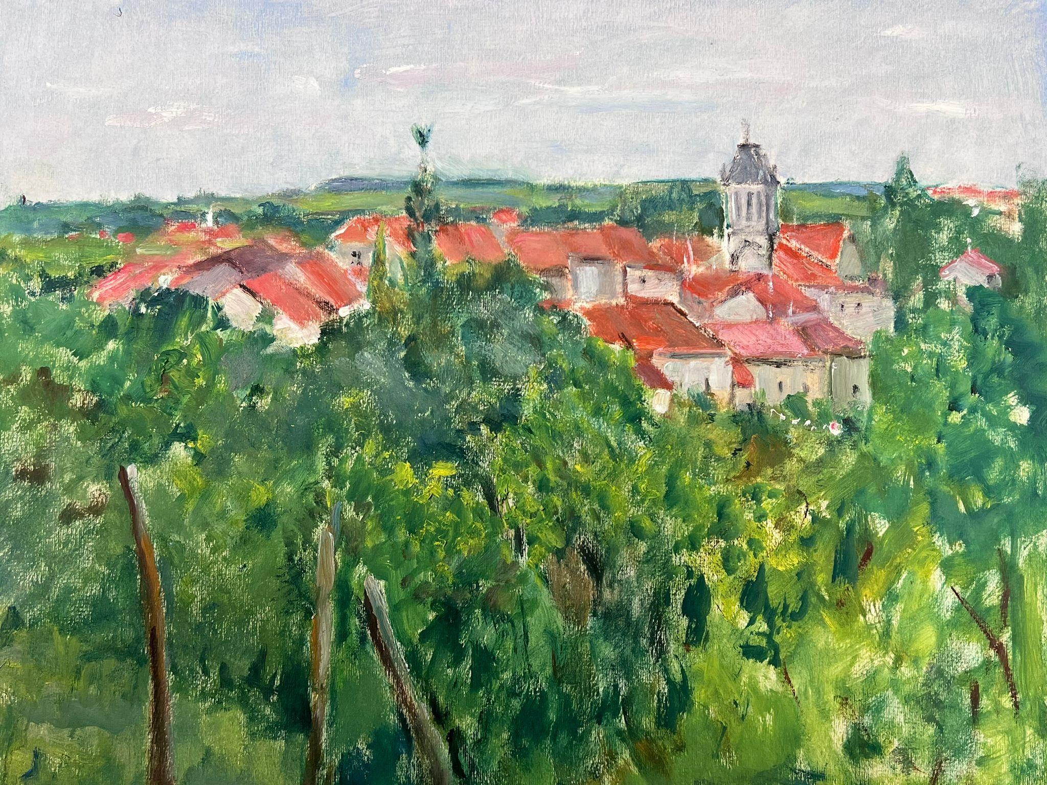 Mid 20th Century Red Roof Town In Green Tree Landscape - Gray Landscape Painting by Louise Alix