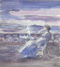 Mid 20th Century Watercolour Landscape Elegant Lady Gazing Into Purple Sunset