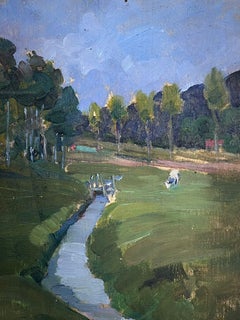 Mid Century French Impressionist Stream Through The Green Grass Valley