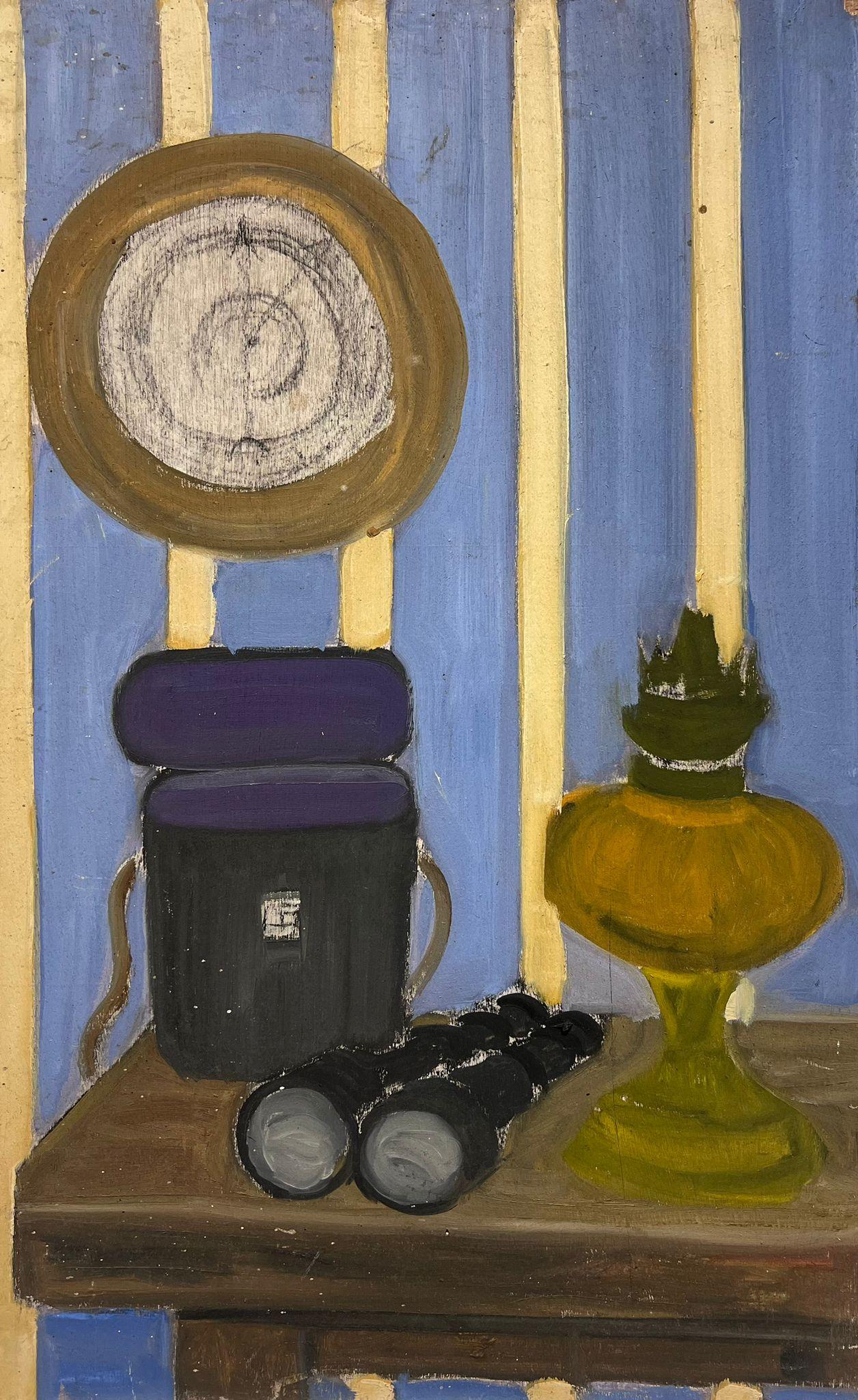 Peinture à l'huile du milieu du siècle The Painted Room Room Still Life with Binoculars