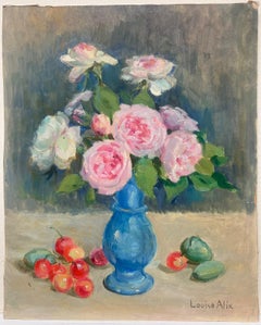 Mid Century Stunning French Still Life Pink Roses In Blue Vase