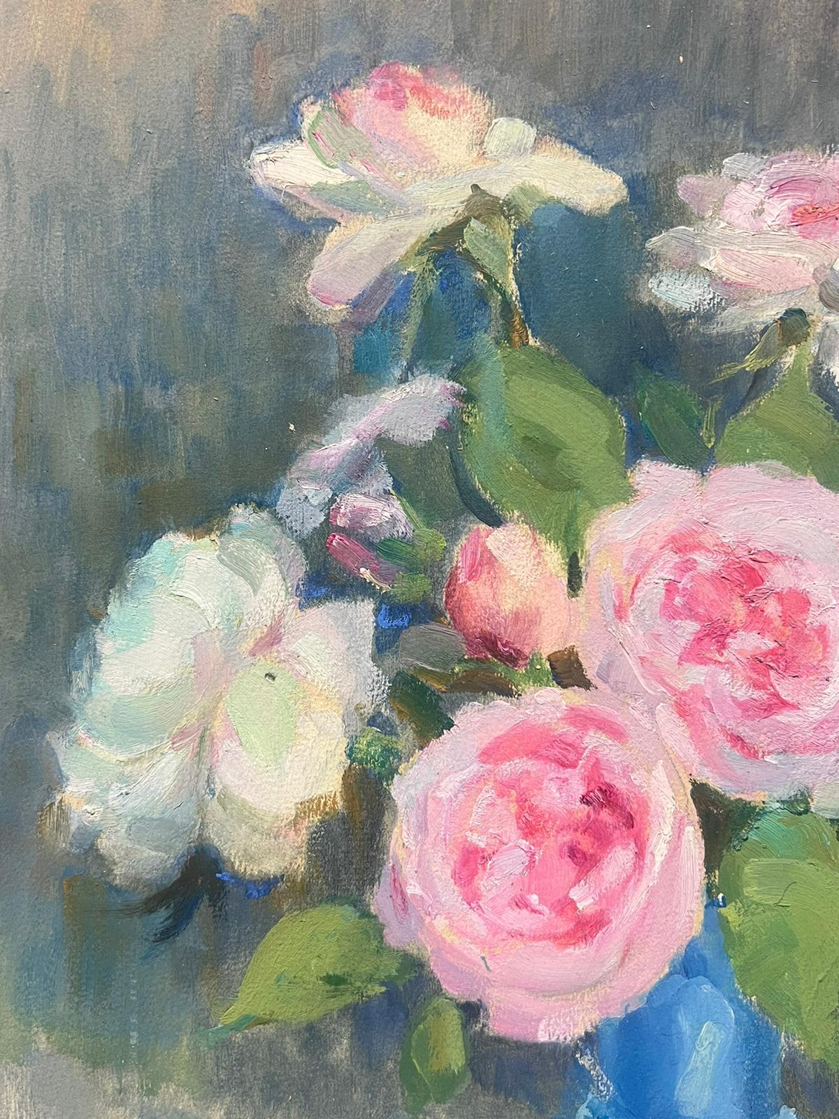 Mid Century Stunning French Still Life Pink Roses In Blue Vase - Impressionist Painting by Louise Alix