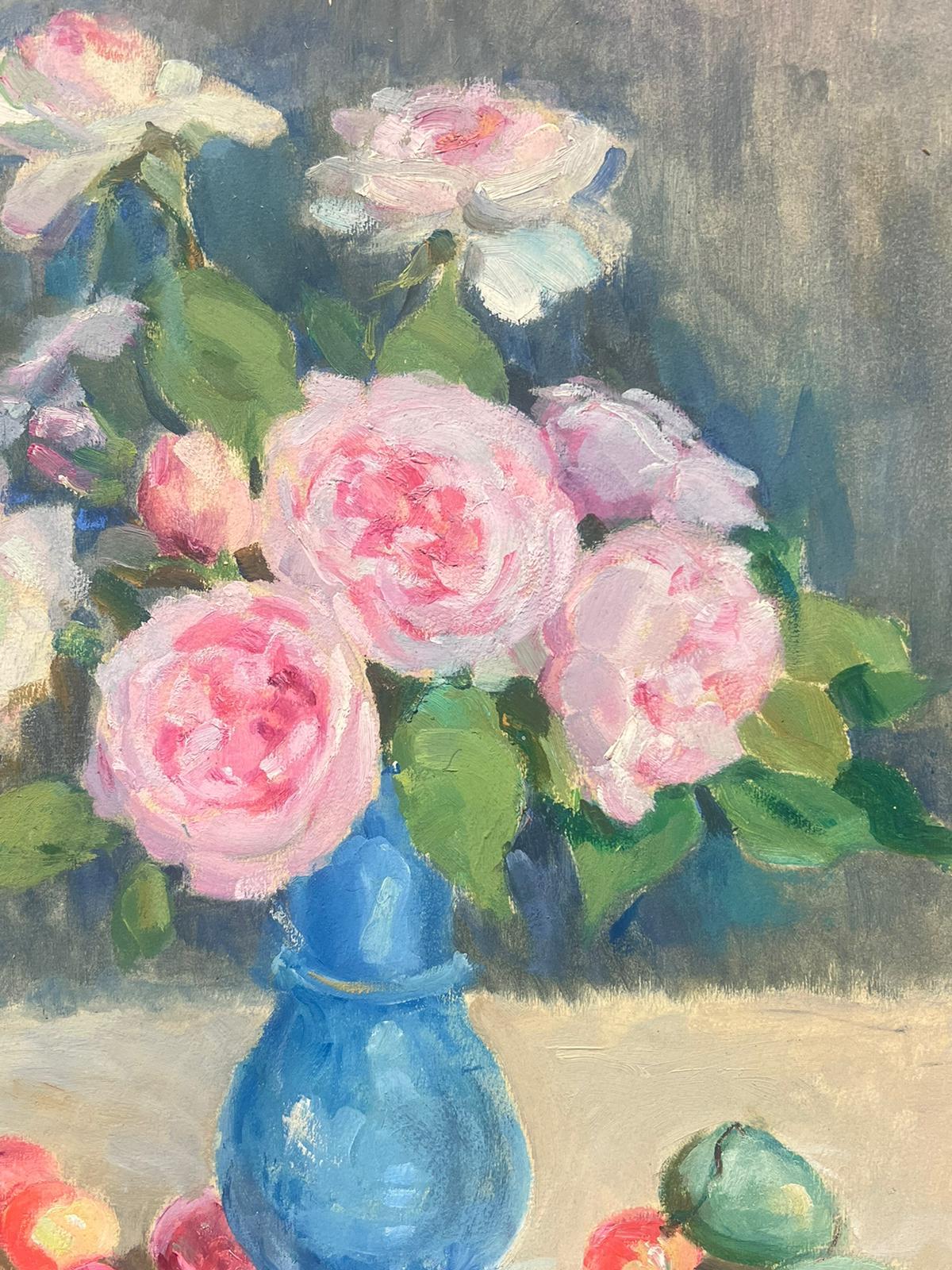 Mid Century Stunning French Still Life Pink Roses In Blue Vase For Sale 1