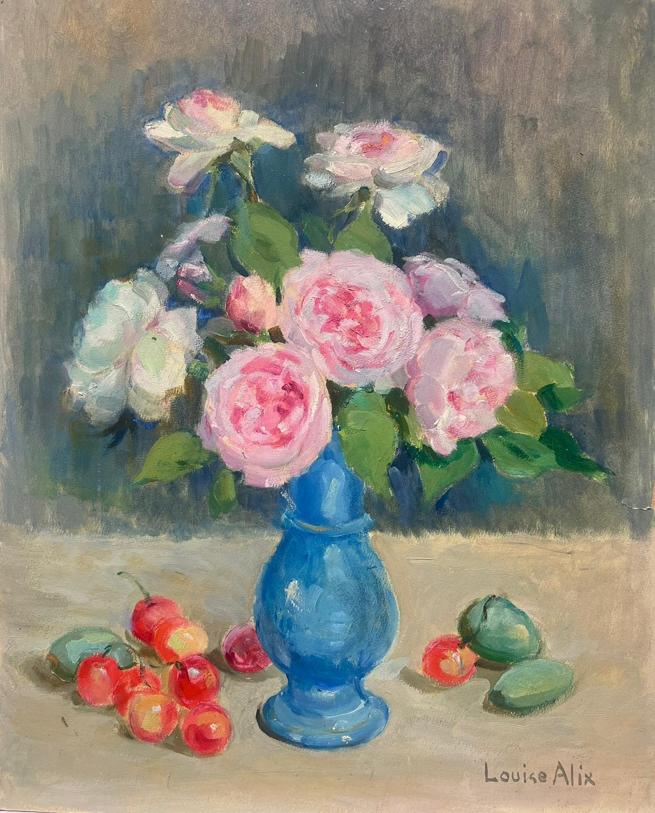 Still-Life Painting Louise Alix - Nature morte française du milieu du siècle Roses roses dans un vase bleu