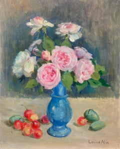 Nature morte française du milieu du siècle Roses roses dans un vase bleu