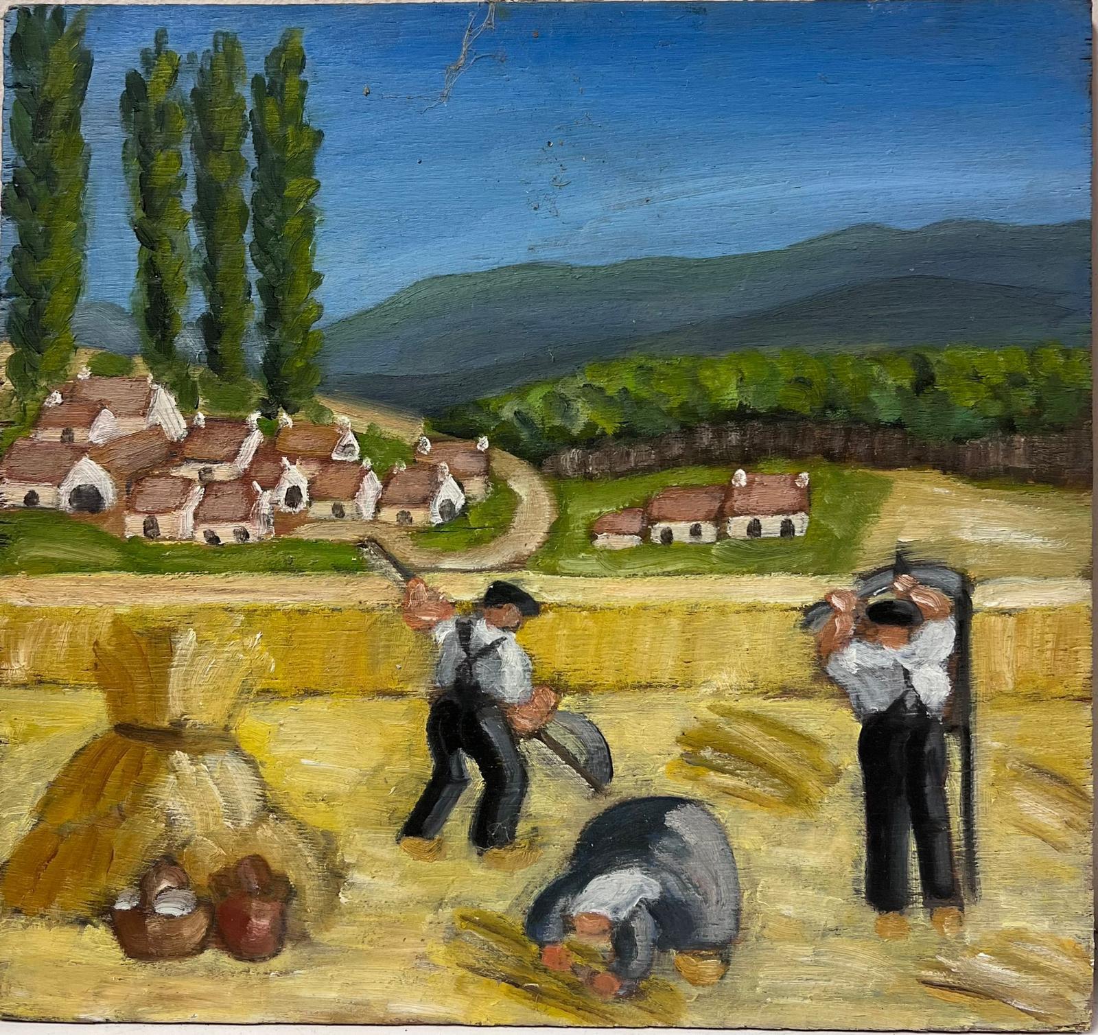 1930's French Post-Impressionist Oil Harvest Workers in Golden Wheat Fields For Sale 1