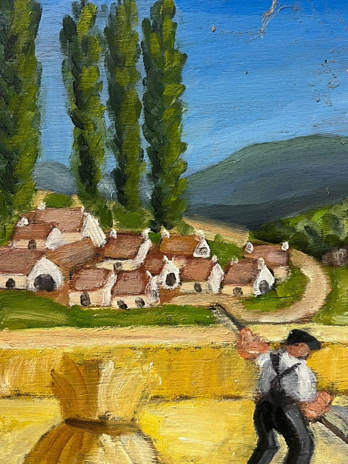 1930's French Post-Impressionist Oil Harvest Workers in Golden Wheat Fields For Sale 2