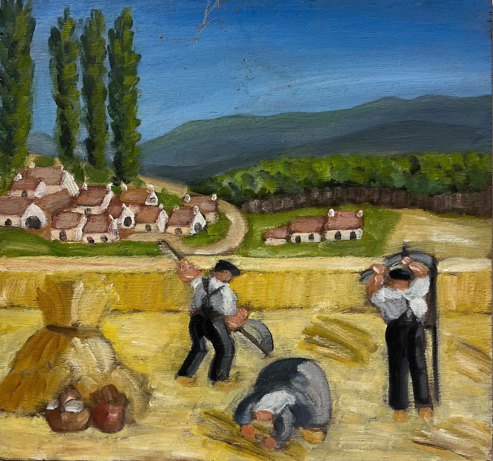 Louise Alix Landscape Painting - 1930's French Post-Impressionist Oil Harvest Workers in Golden Wheat Fields