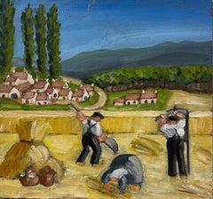 Vintage 1930's French Post-Impressionist Oil Harvest Workers in Golden Wheat Fields
