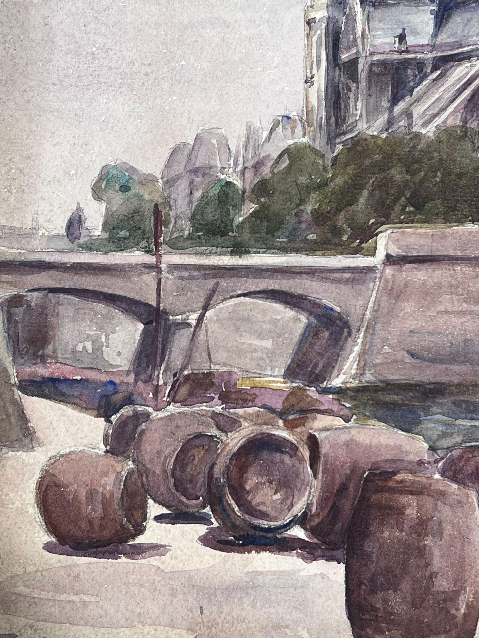 Notre Damme Barrels Along The River Seine Bank 1930's French Landscape - Painting by Louise Alix