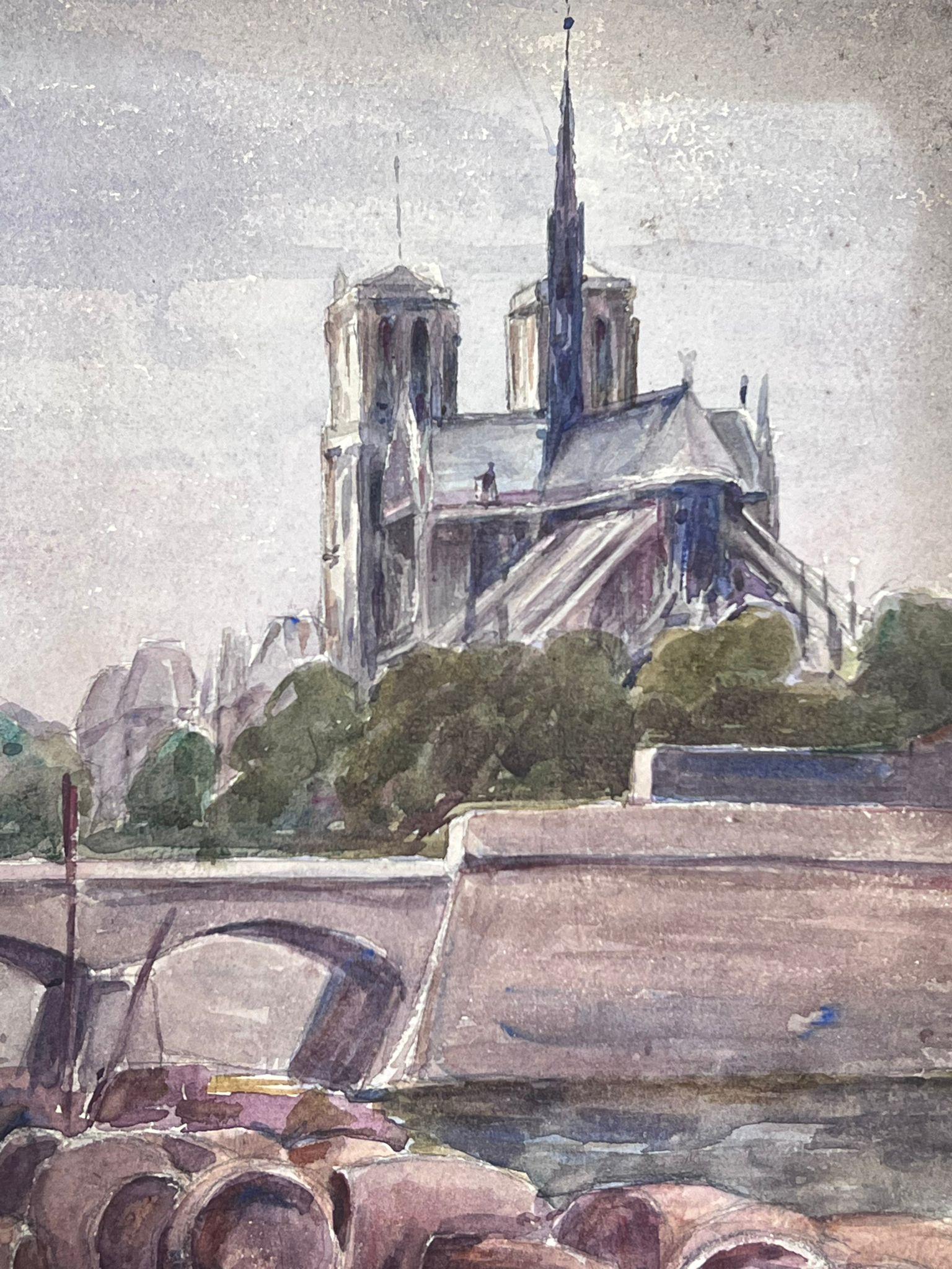 Notre Damme Barrels Along The River Seine Bank 1930's French Landscape - Impressionist Painting by Louise Alix