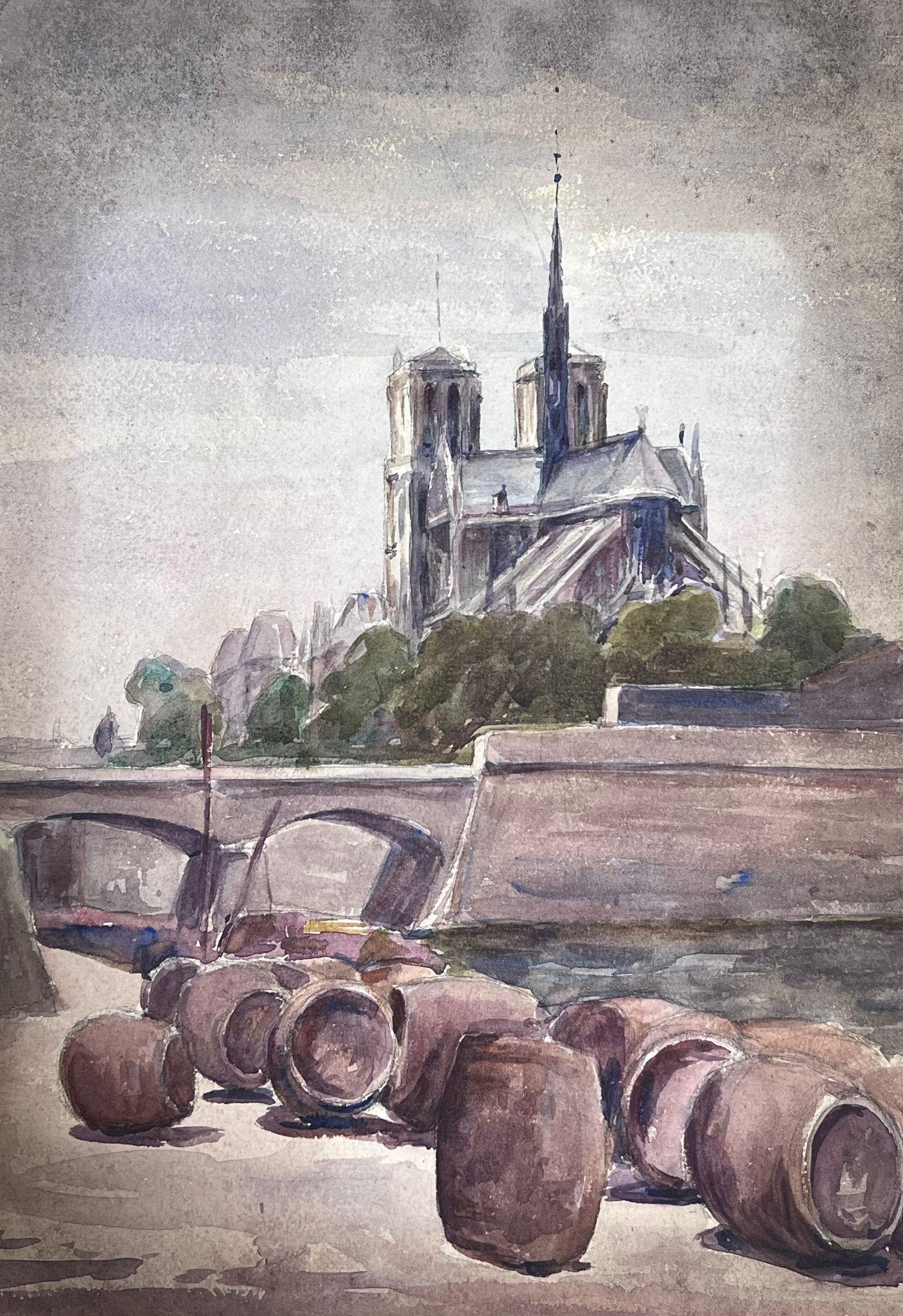 Louise Alix Landscape Painting - Notre Damme Barrels Along The River Seine Bank 1930's French Landscape
