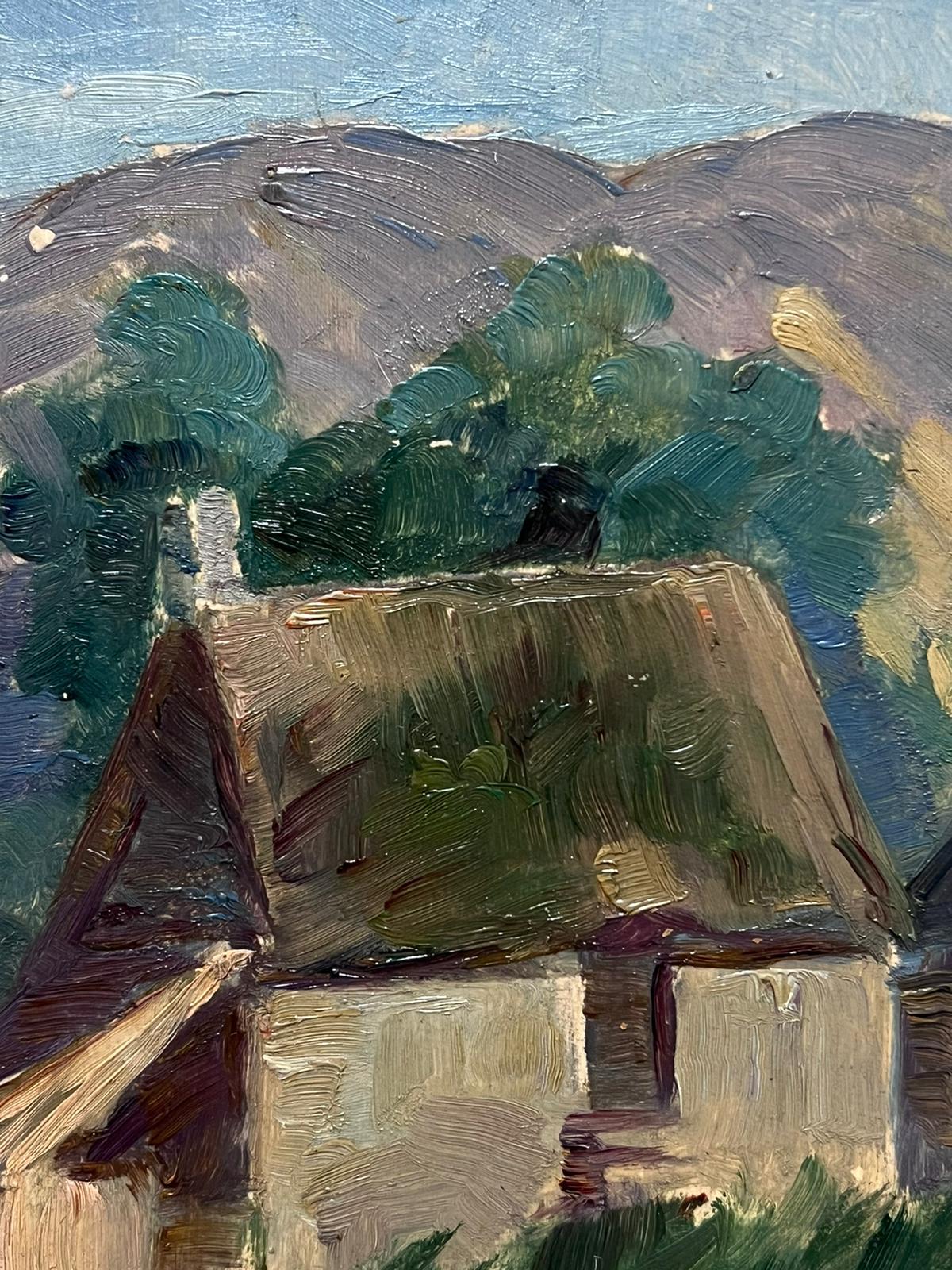 Antiguas casas de campo francesas en un paisaje Pintura al óleo impresionista francesa de los años 40 - Painting de Louise Alix