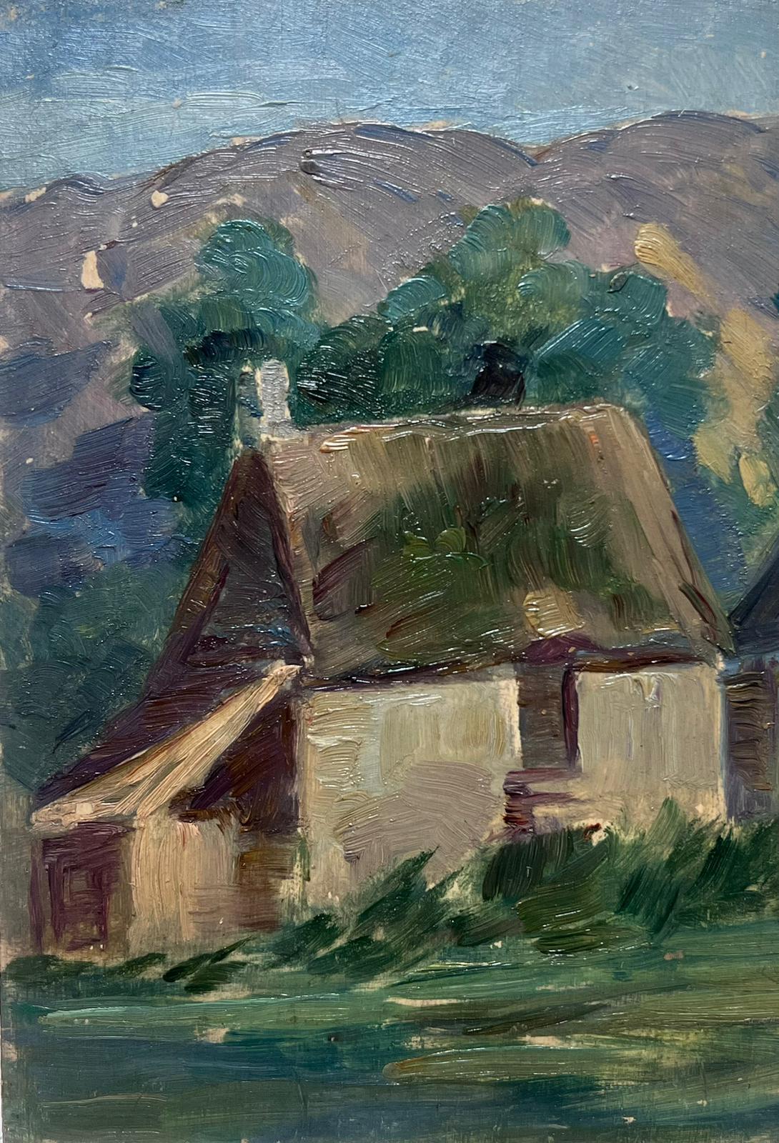 Antiguas casas de campo francesas en un paisaje Pintura al óleo impresionista francesa de los años 40 - Painting Impresionista de Louise Alix